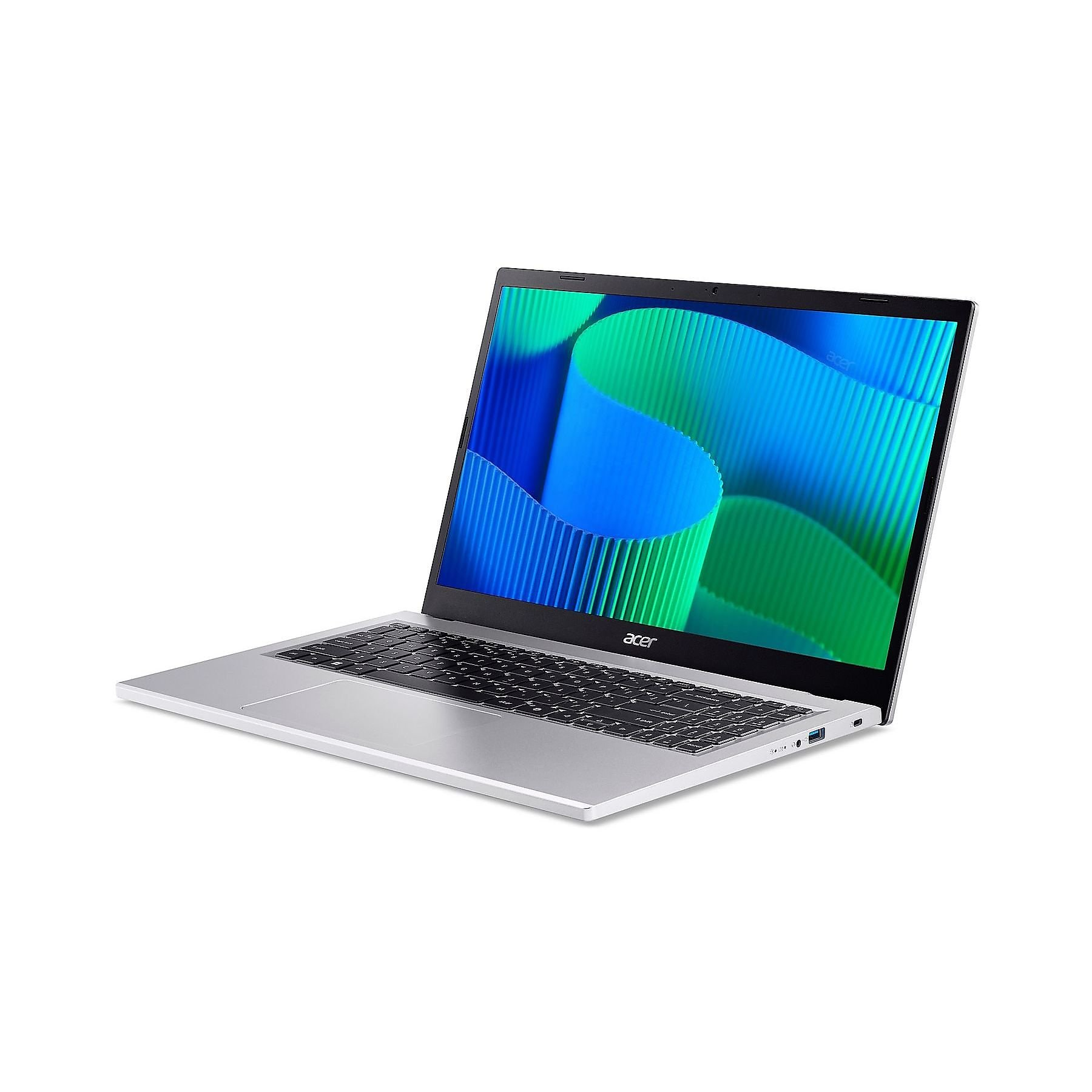 Un laptop Acer argentato con motivo ondulato blu e verde sullo schermo.