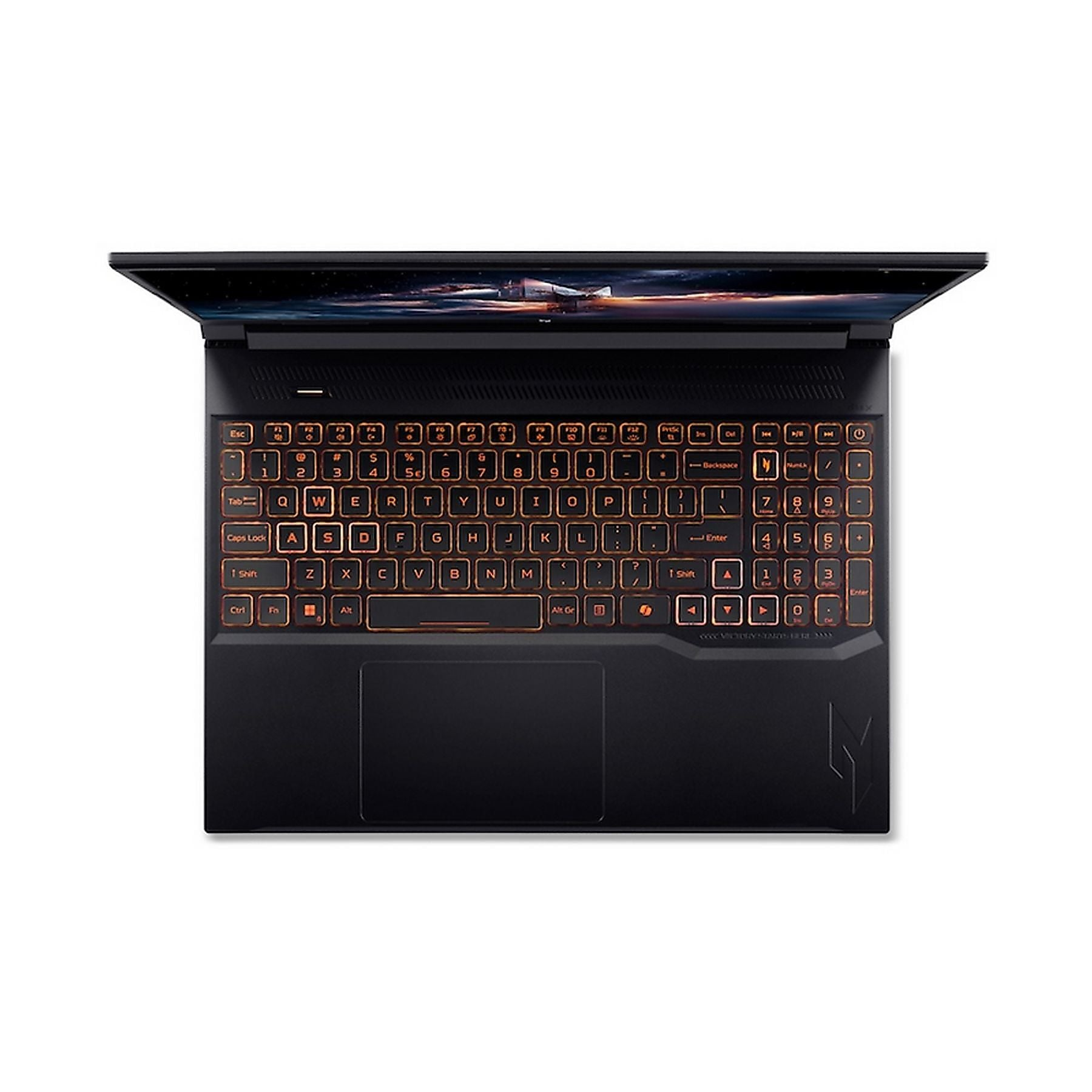 Un laptop nero con tastiera illuminata e schermo aperto.