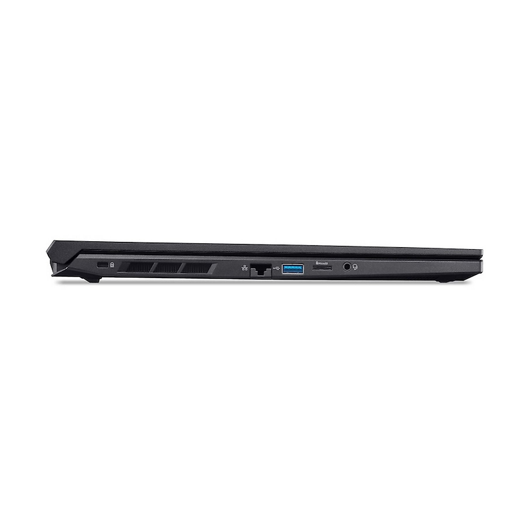 Lato del laptop nero con porte: USB, Ethernet, scheda SD e jack audio.