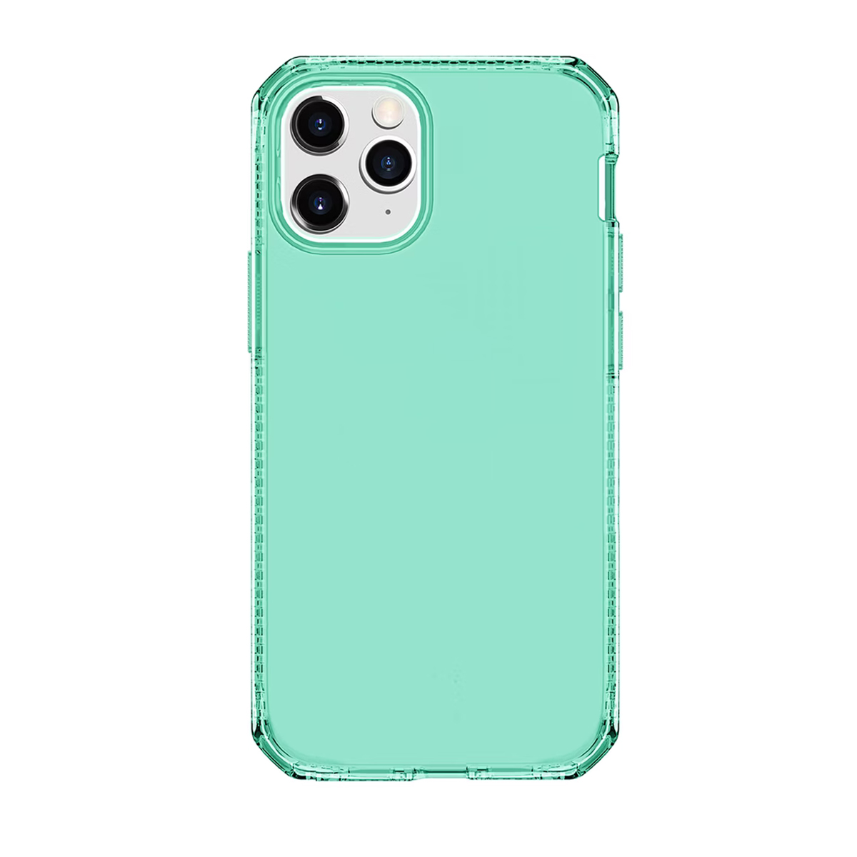 Viene mostrata una cover per telefono trasparente verde chiaro con ritaglio tripla fotocamera.