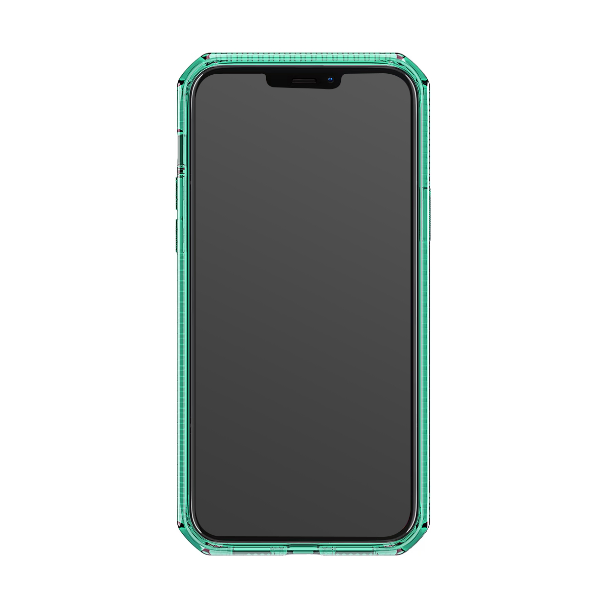 Uno smartphone con una custodia trasparente color verde acqua su sfondo bianco.