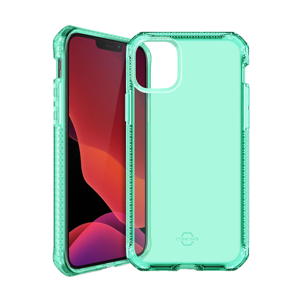 Una custodia per telefono verde acqua riposa accanto a uno smartphone con schermo rosso.