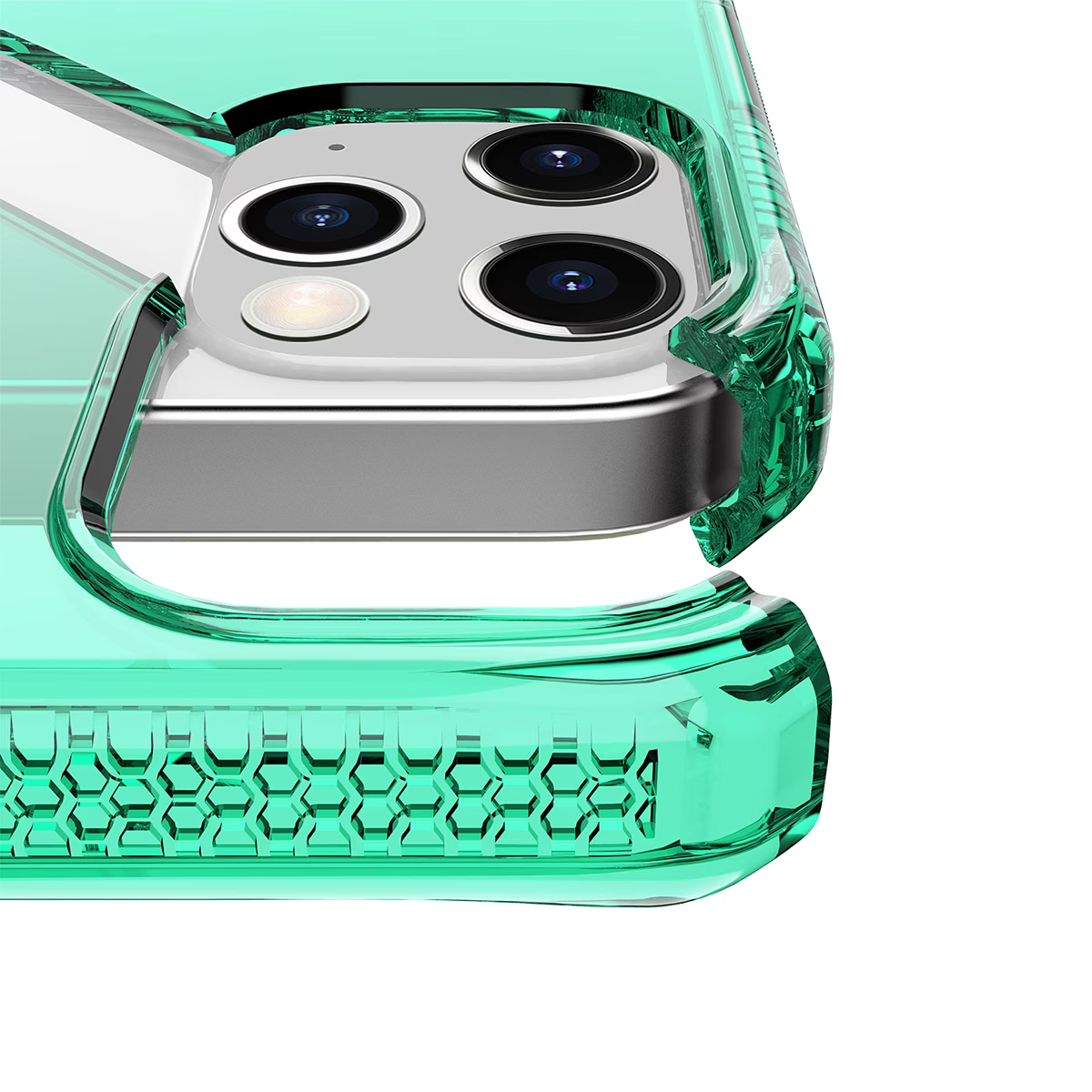 Custodia verde trasparente per telefono con tripla fotocamera e motivo a nido d'ape.