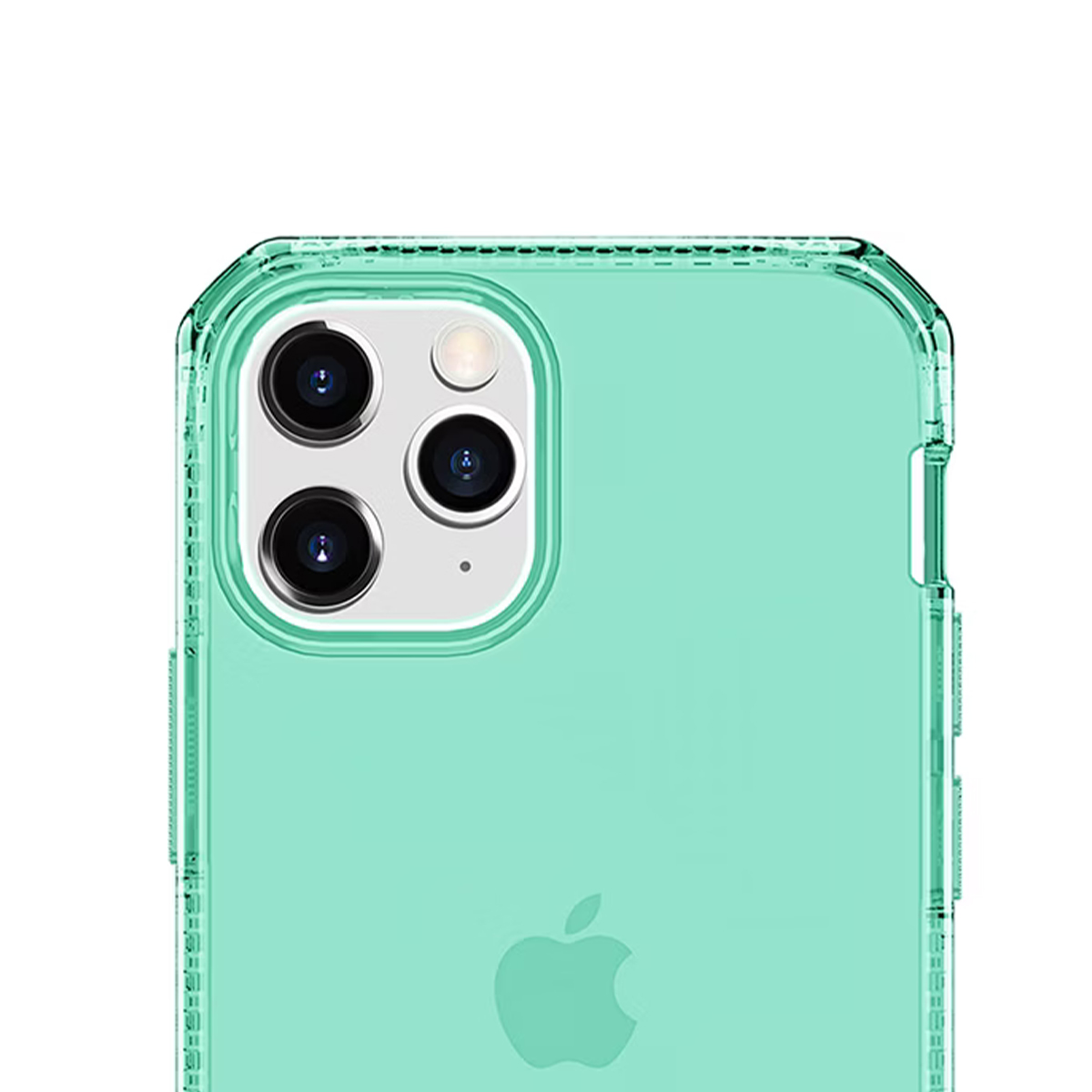 Retro di un telefono verde menta con tre fotocamere e logo Apple.
