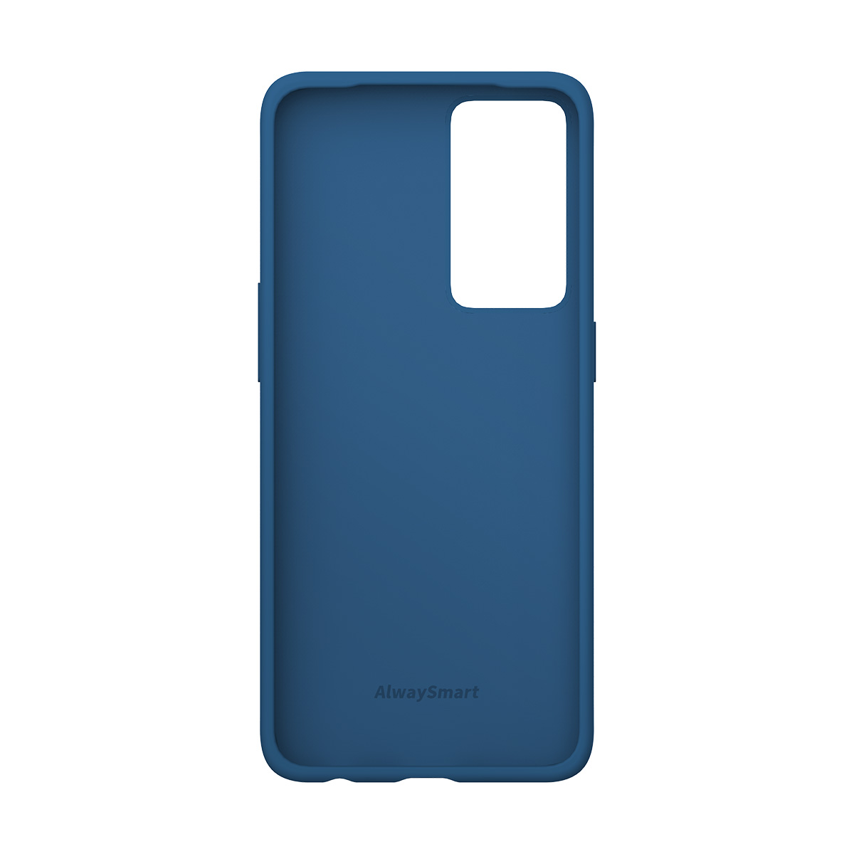 Blaue Handyhülle mit Ausschnitt für Kamera und Logoprägung.
