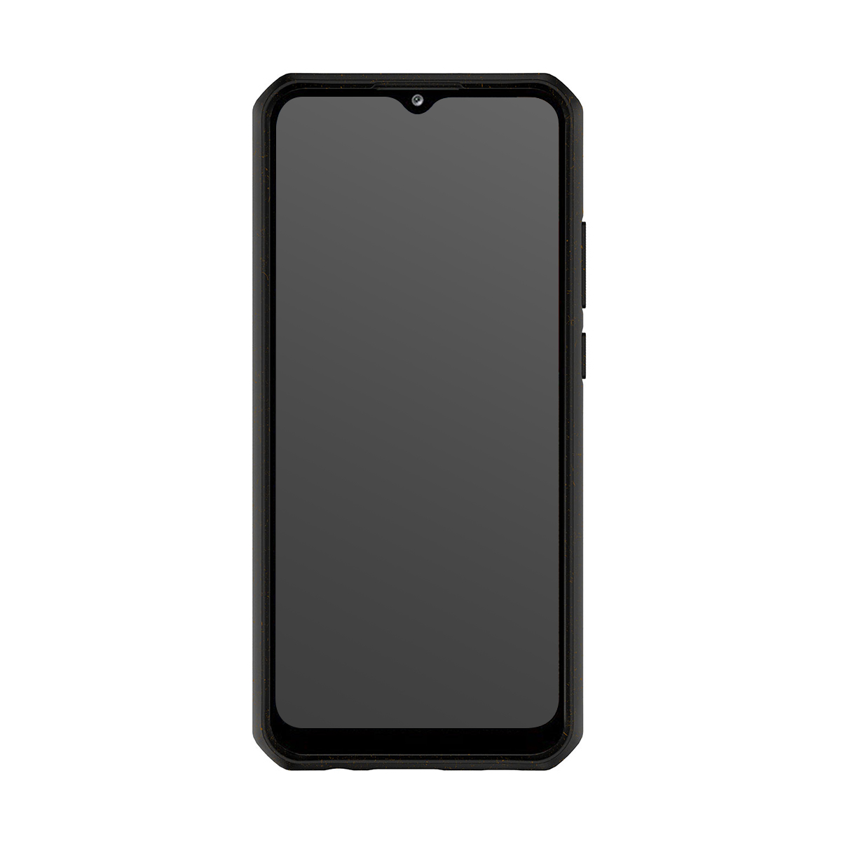 Uno smartphone nero con schermo scuro e una singola fotocamera frontale.