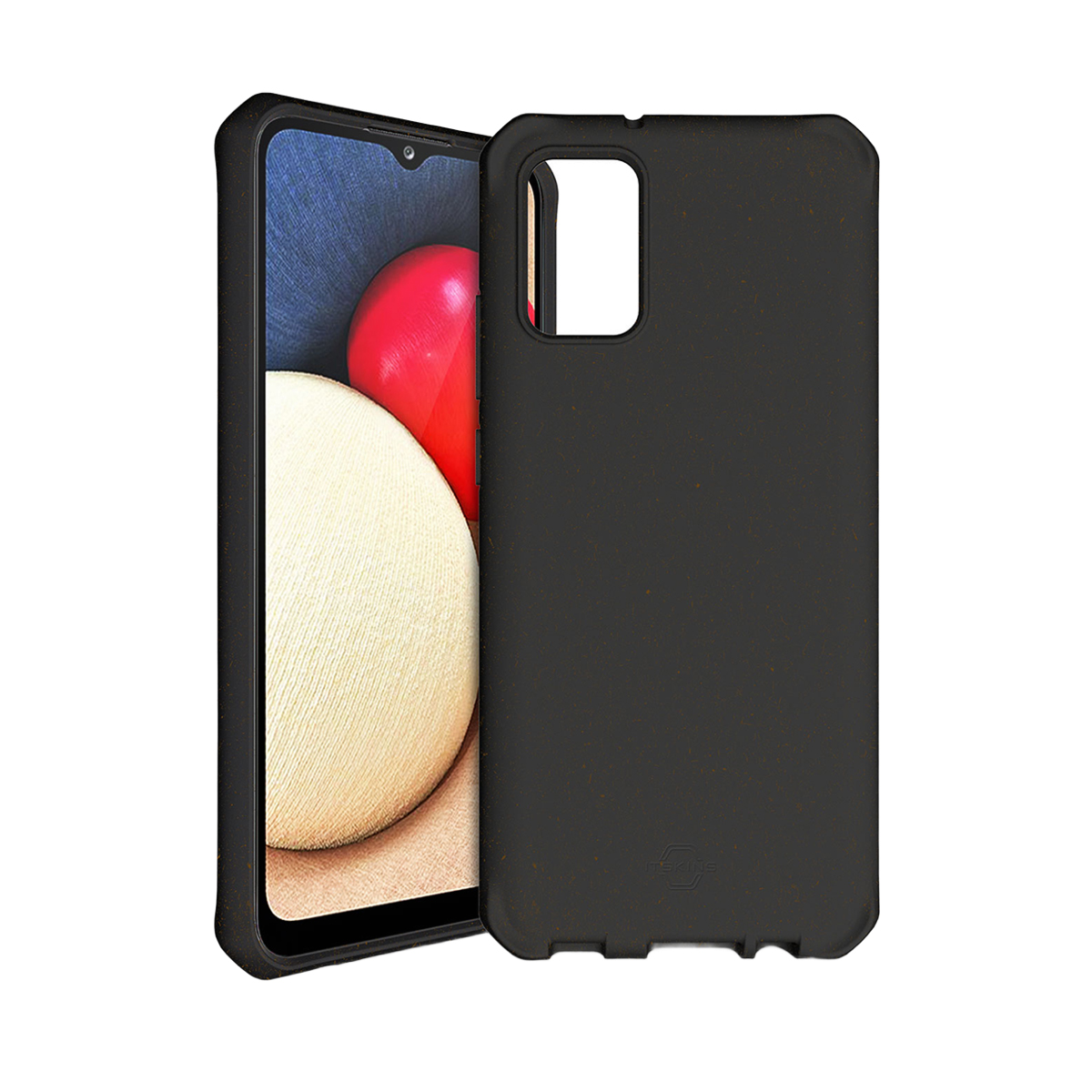 Custodia nera per telefono accanto a uno smartphone con elementi rossi e beige sullo schermo.
