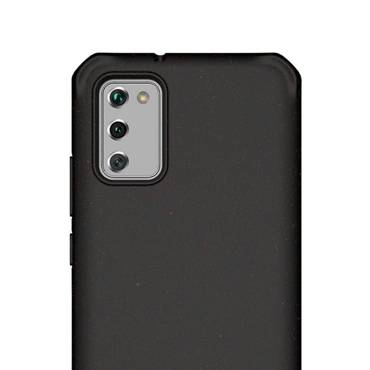 Custodia per telefono grigio scuro con tripla fotocamera e macchioline dorate.