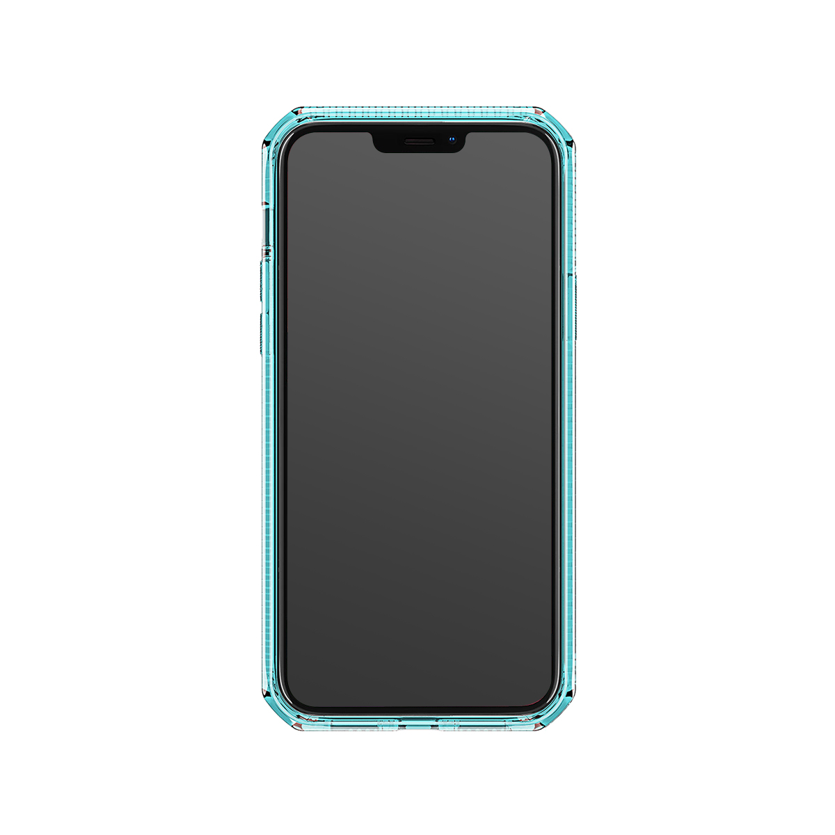 Uno smartphone blu con schermo nero e cover trasparente.