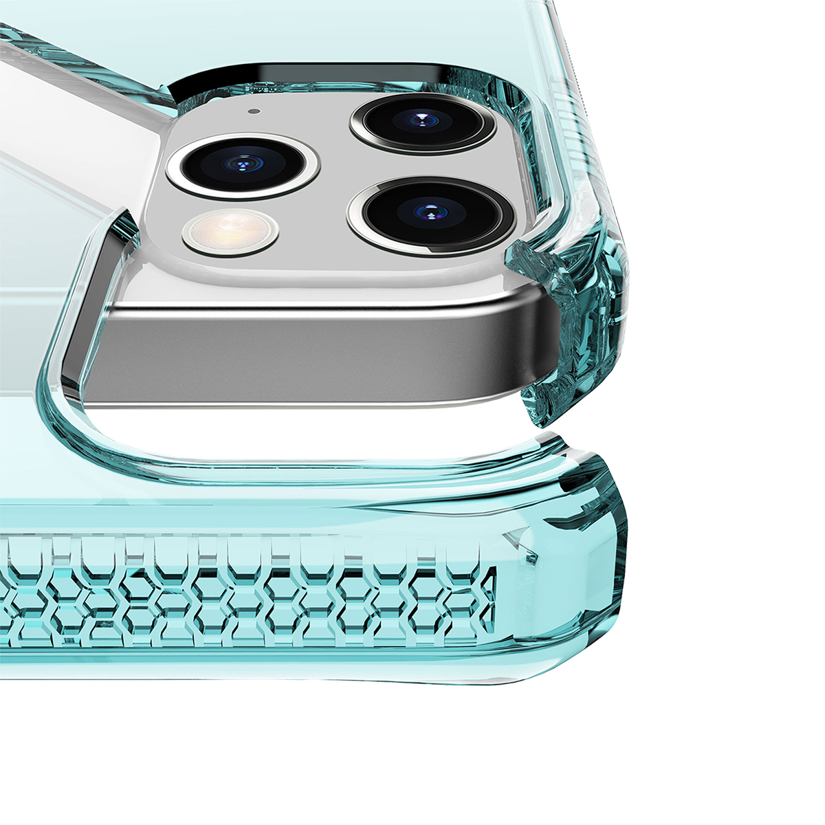 Custodia blu trasparente per telefono con protezione fotocamera e motivo a nido d'ape.