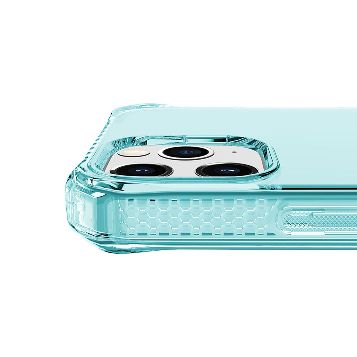 Custodia per telefono verde acqua con ritaglio tripla fotocamera su sfondo bianco.