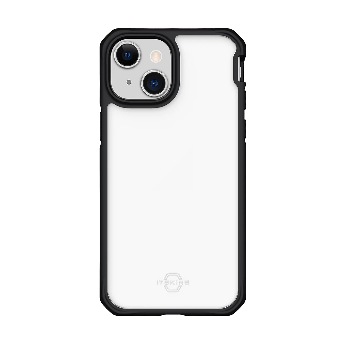 Una cover trasparente per telefono con bordo nero e foro fotocamera.
