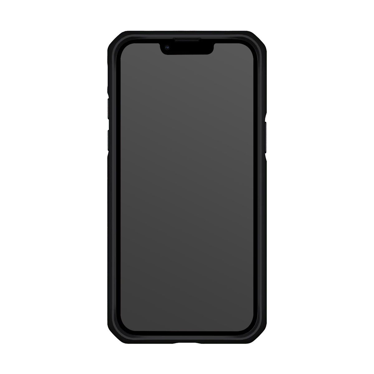 Uno smartphone nero con schermo scuro e notch in alto, centrato su sfondo bianco.