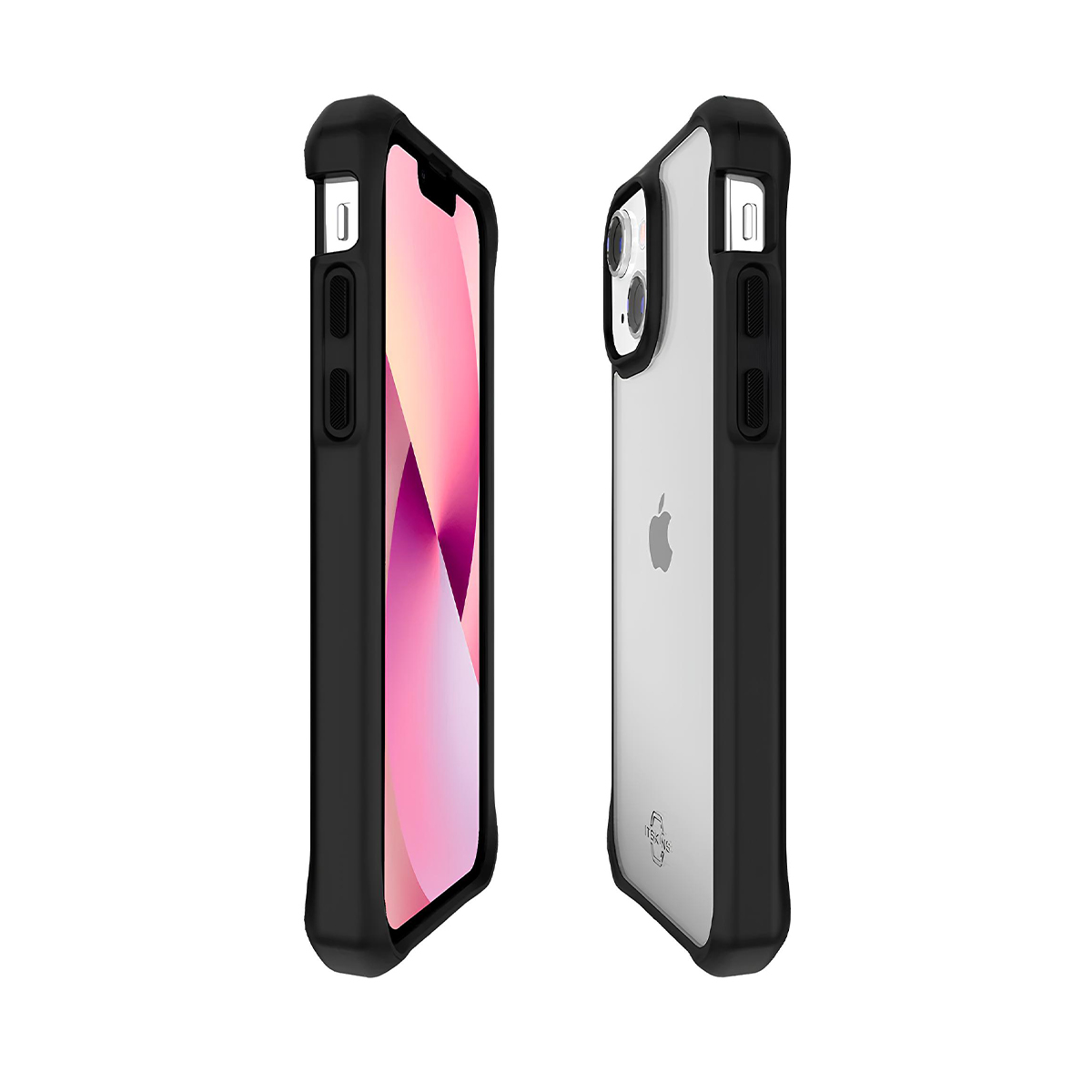 Due custodie per iPhone, una nera e una trasparente, una accanto all'altra.