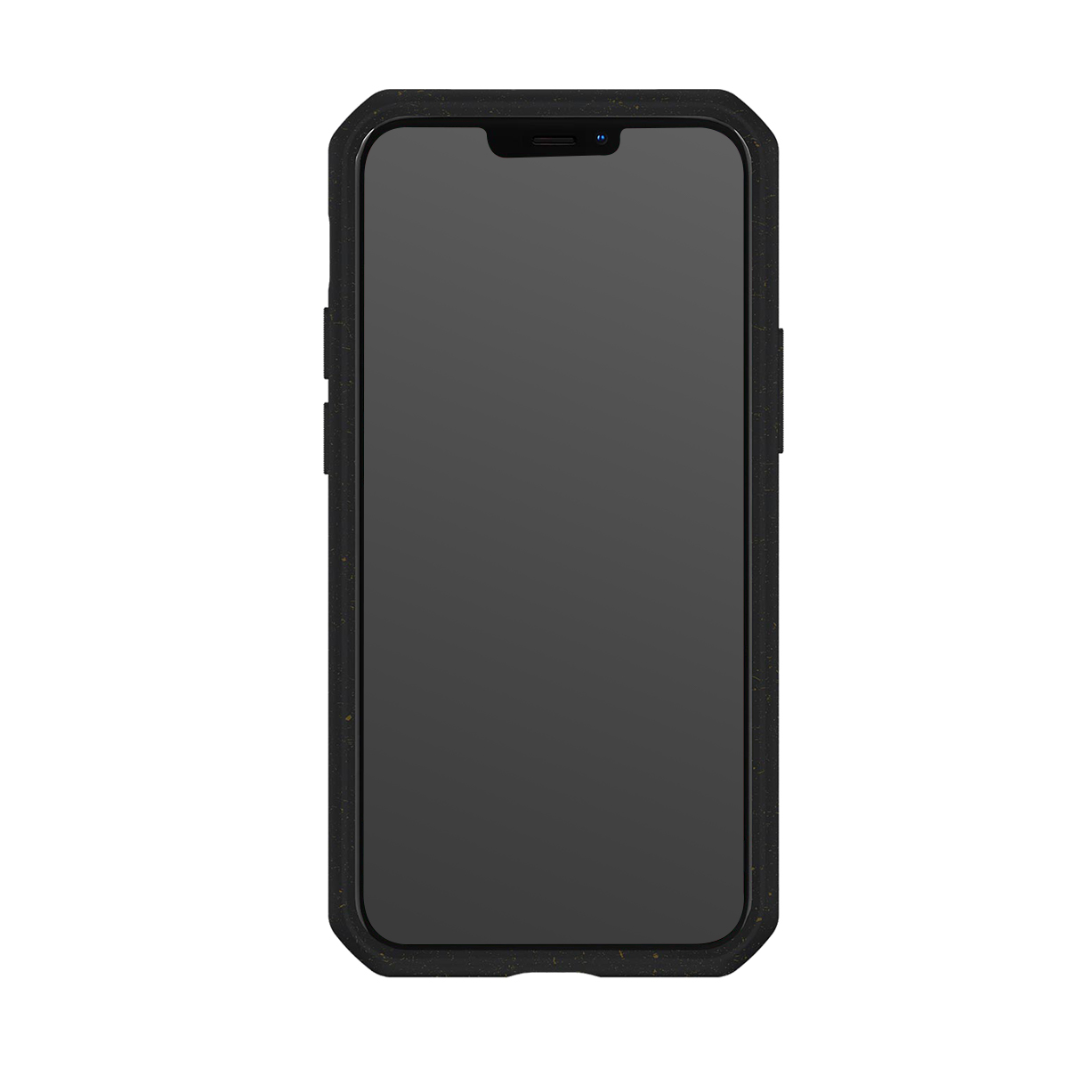 Smartphone nero con schermo scuro e cornice testurizzata.