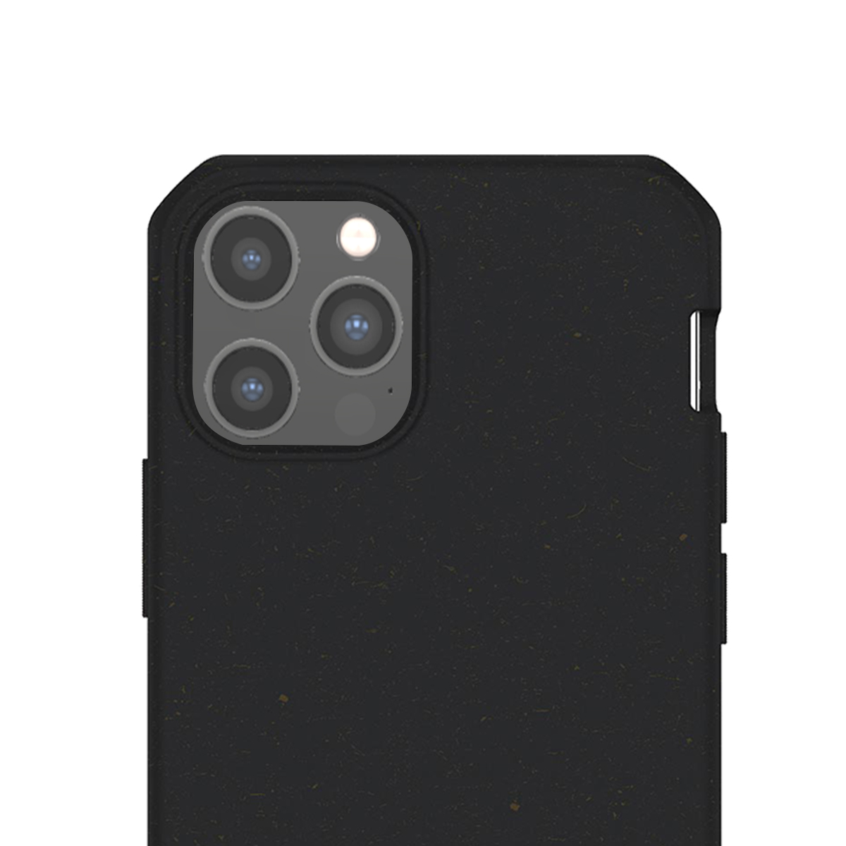Primo piano del retro di una custodia nera per telefono con tre fotocamere.