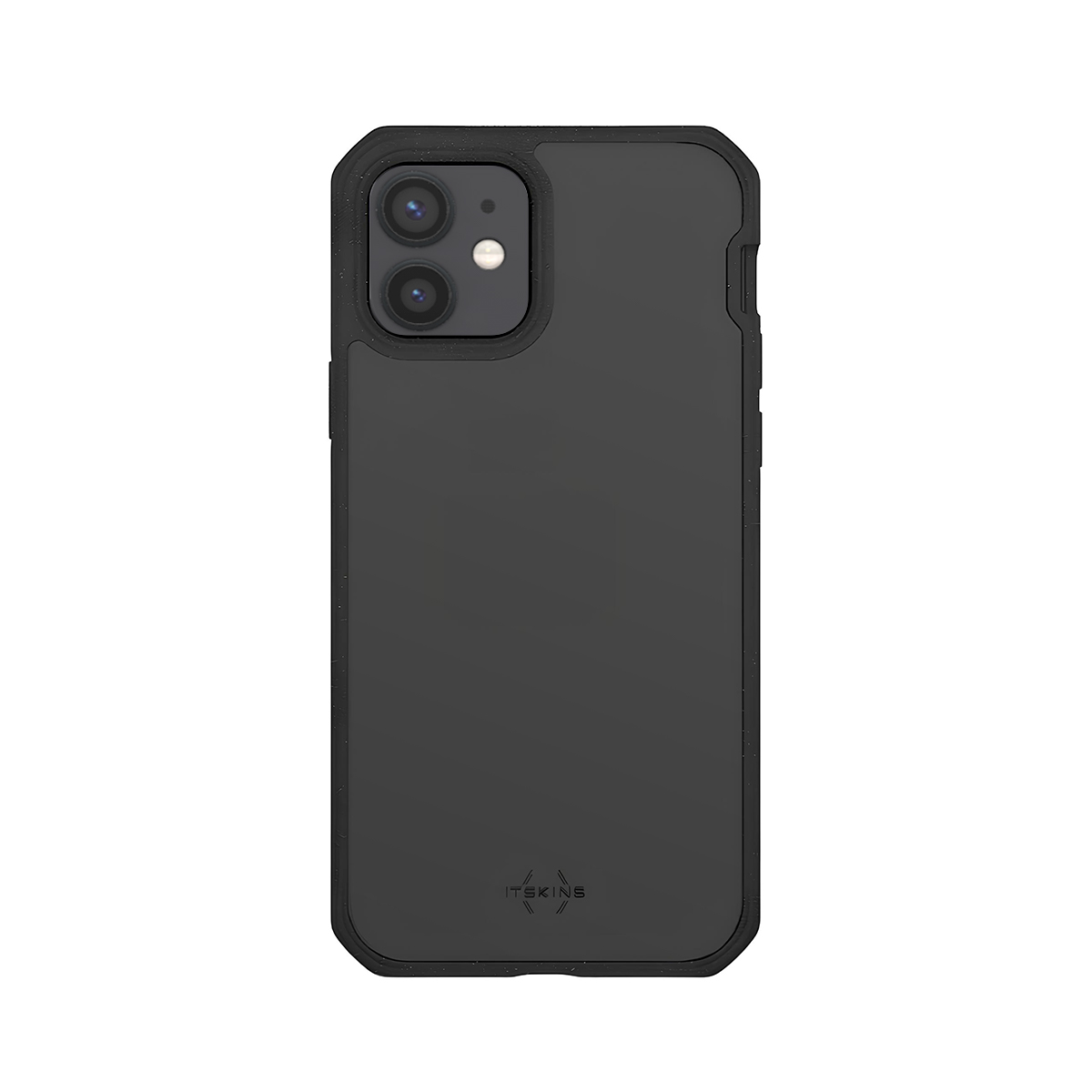 Custodia nera per telefono con due lenti della fotocamera in alto a sinistra e logo in basso.