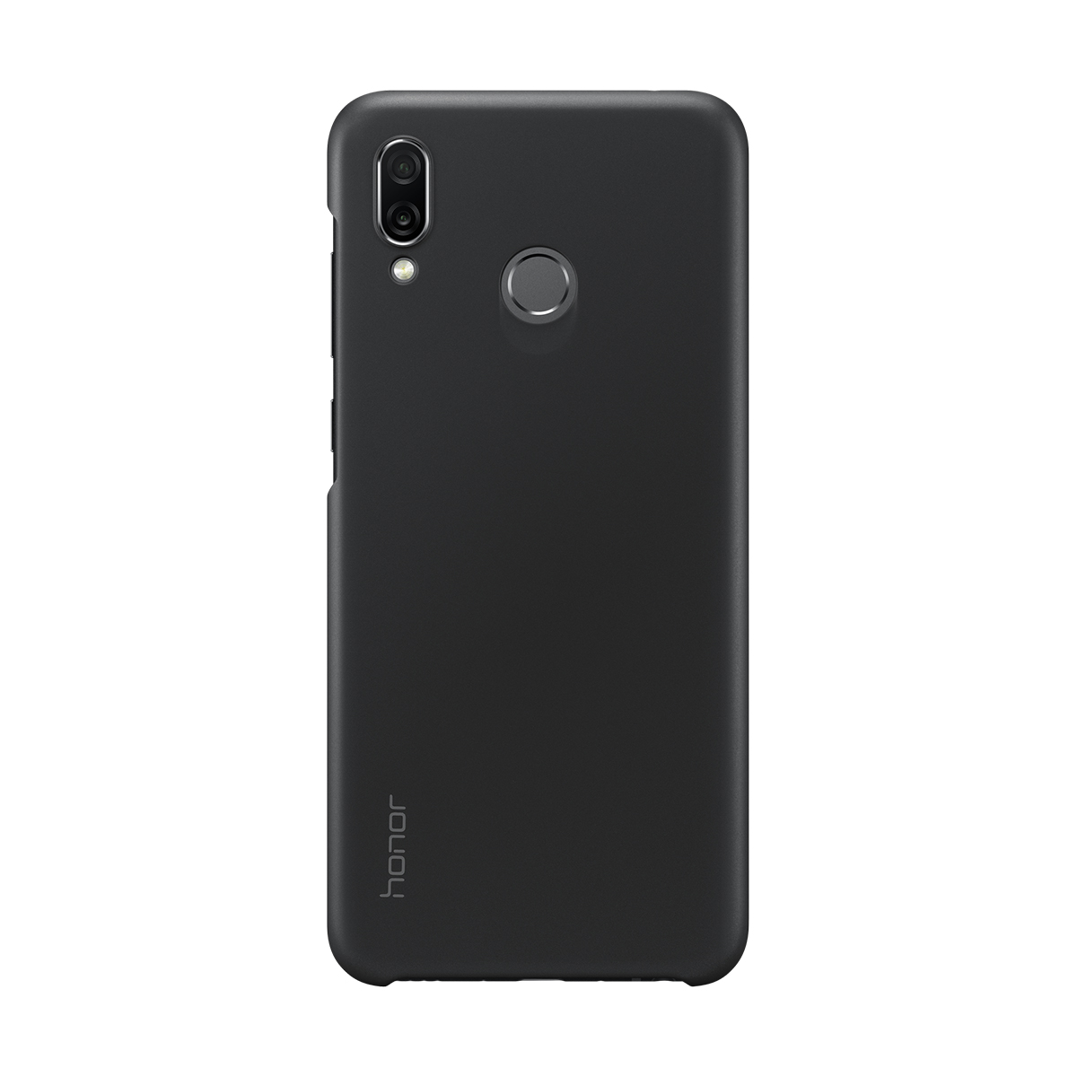 Telefono nero con doppia fotocamera e sensore impronte. Logo Honor in basso.