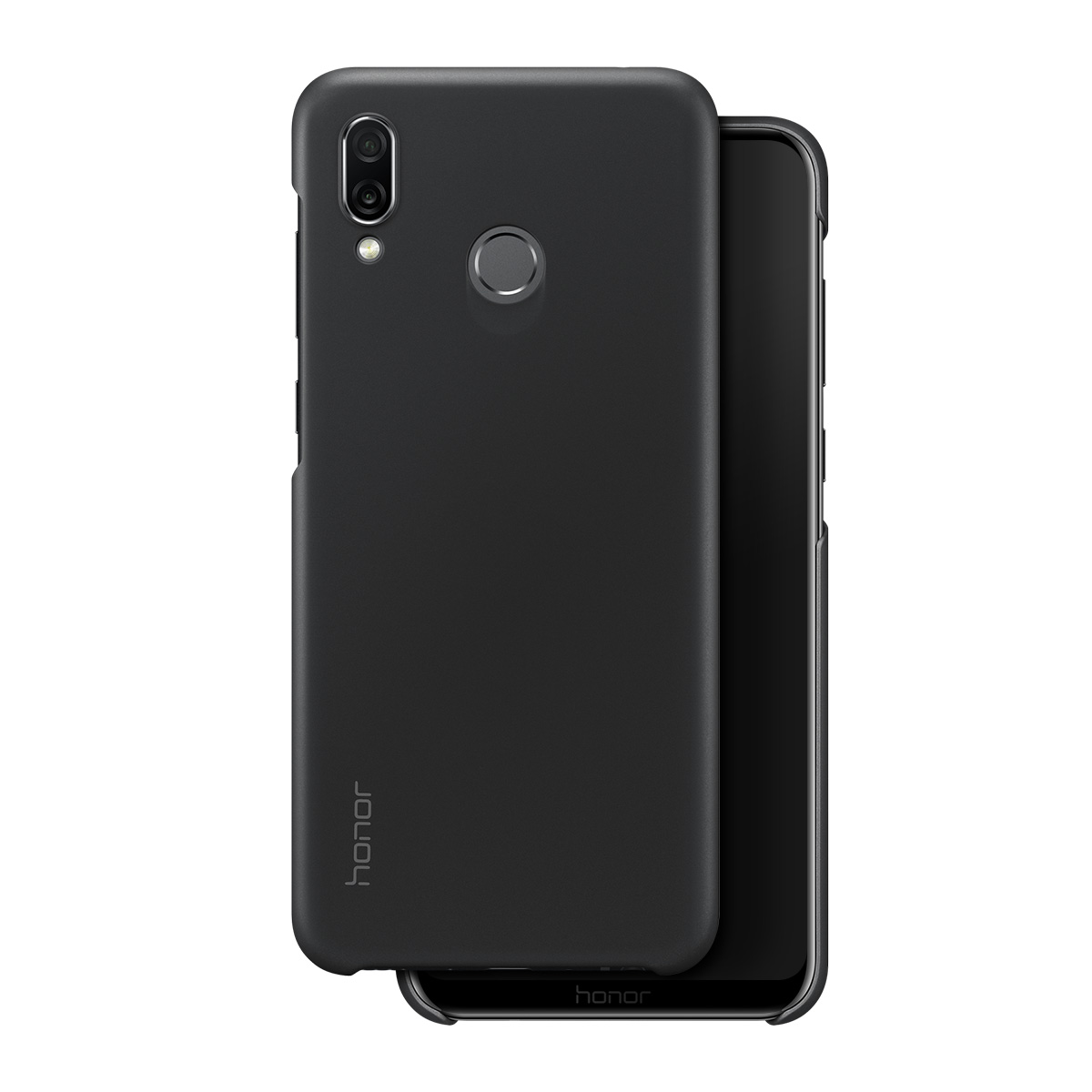 Custodia nera per telefono con fotocamera posteriore e sensore di impronte digitali. Accanto uno smartphone.