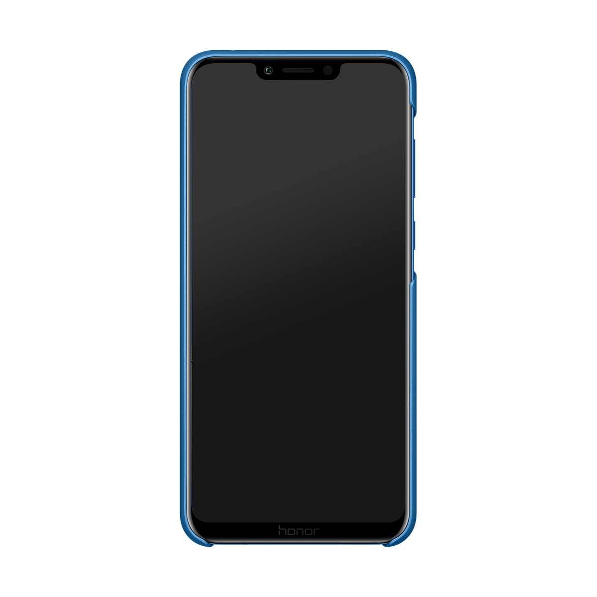 Uno smartphone blu con schermo nero e notch in alto.