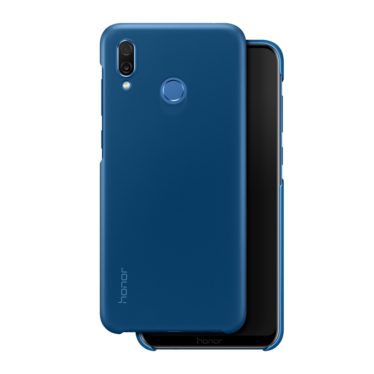 Custodia blu scuro per telefono con sensore impronte e ritaglio fotocamera.