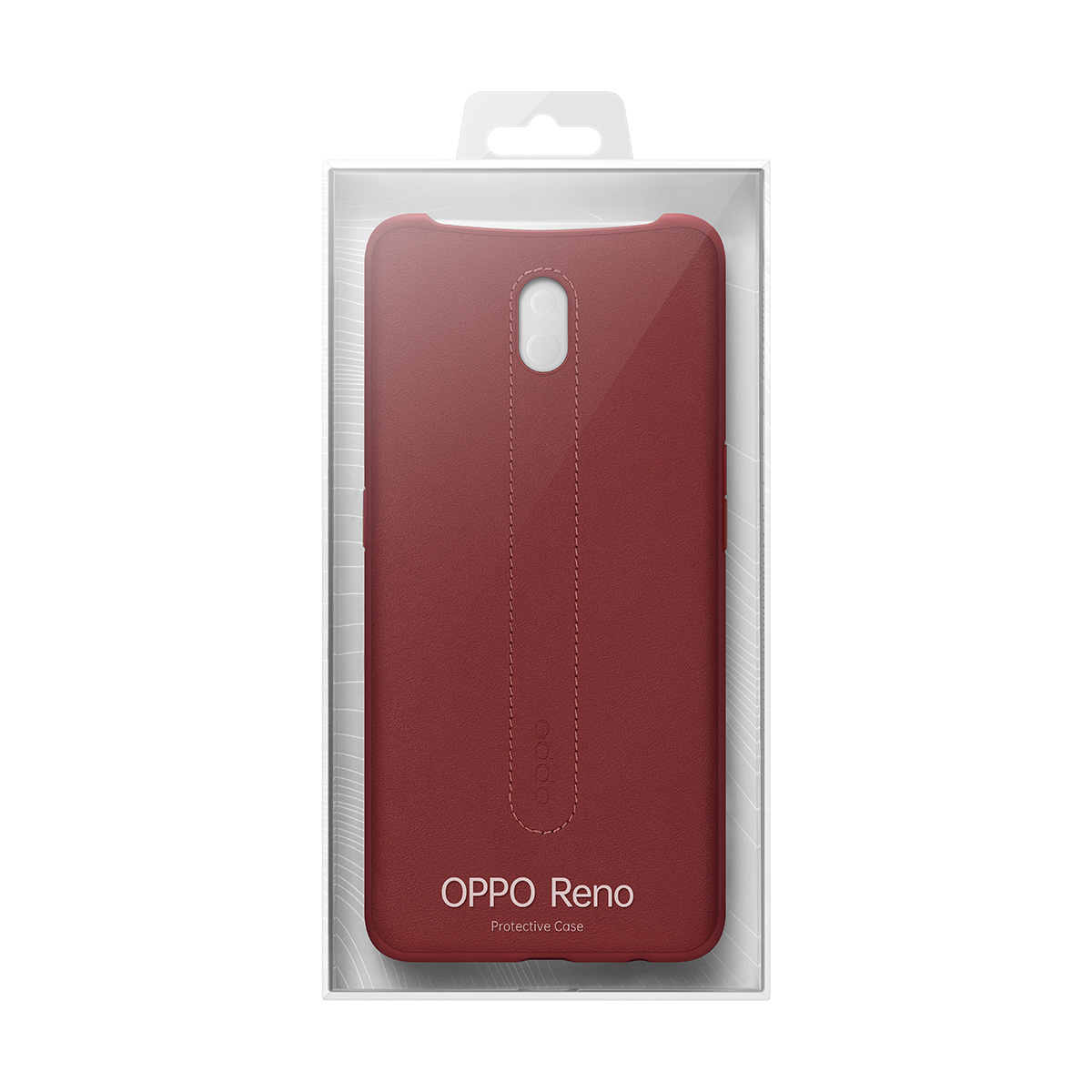 Rote Handyhülle für OPPO Reno in Verpackung, mit Nähten und Logo.