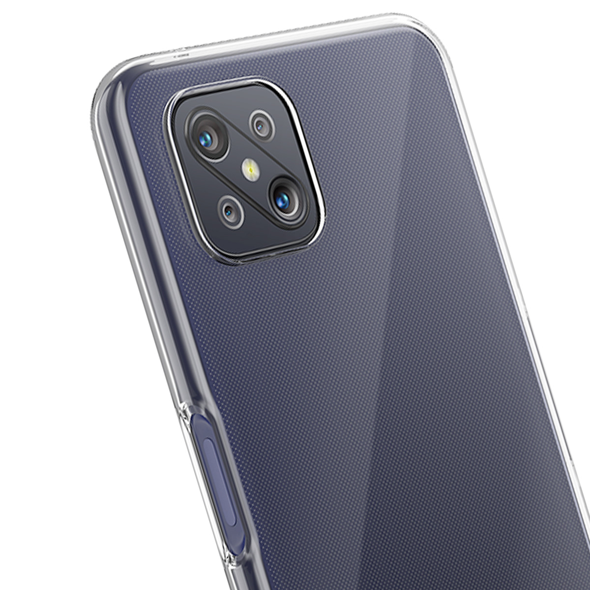 Rückseite eines Smartphones mit transparentem Gehäuse und vierfachen Kameras.