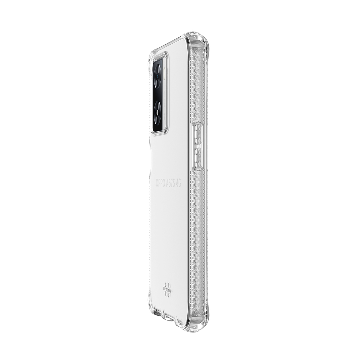 Transparenter Handyhülle mit OPPO A57S 4G Schriftzug und Kamerasicht.