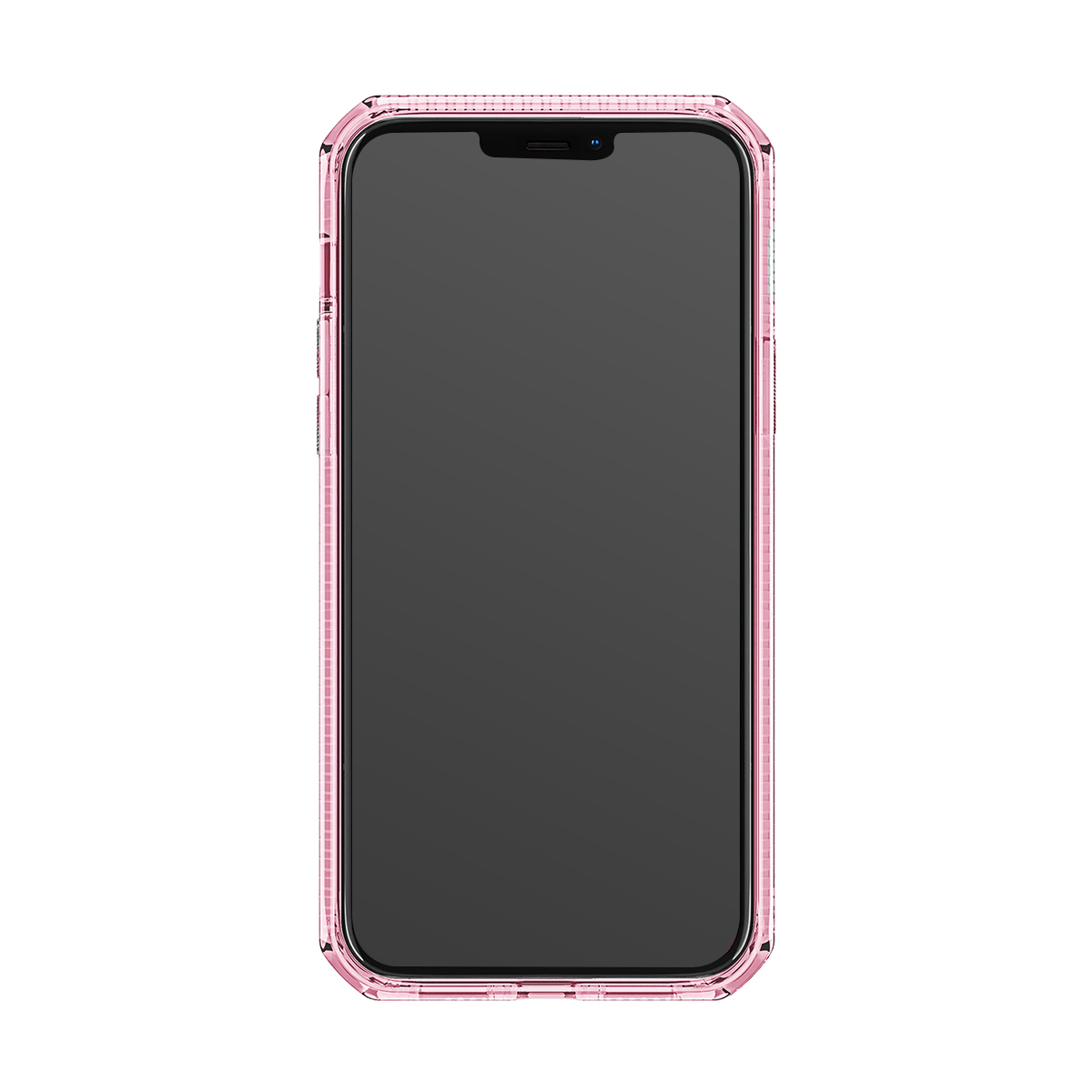 Una custodia per telefono rosa con schermo scuro, su sfondo bianco.