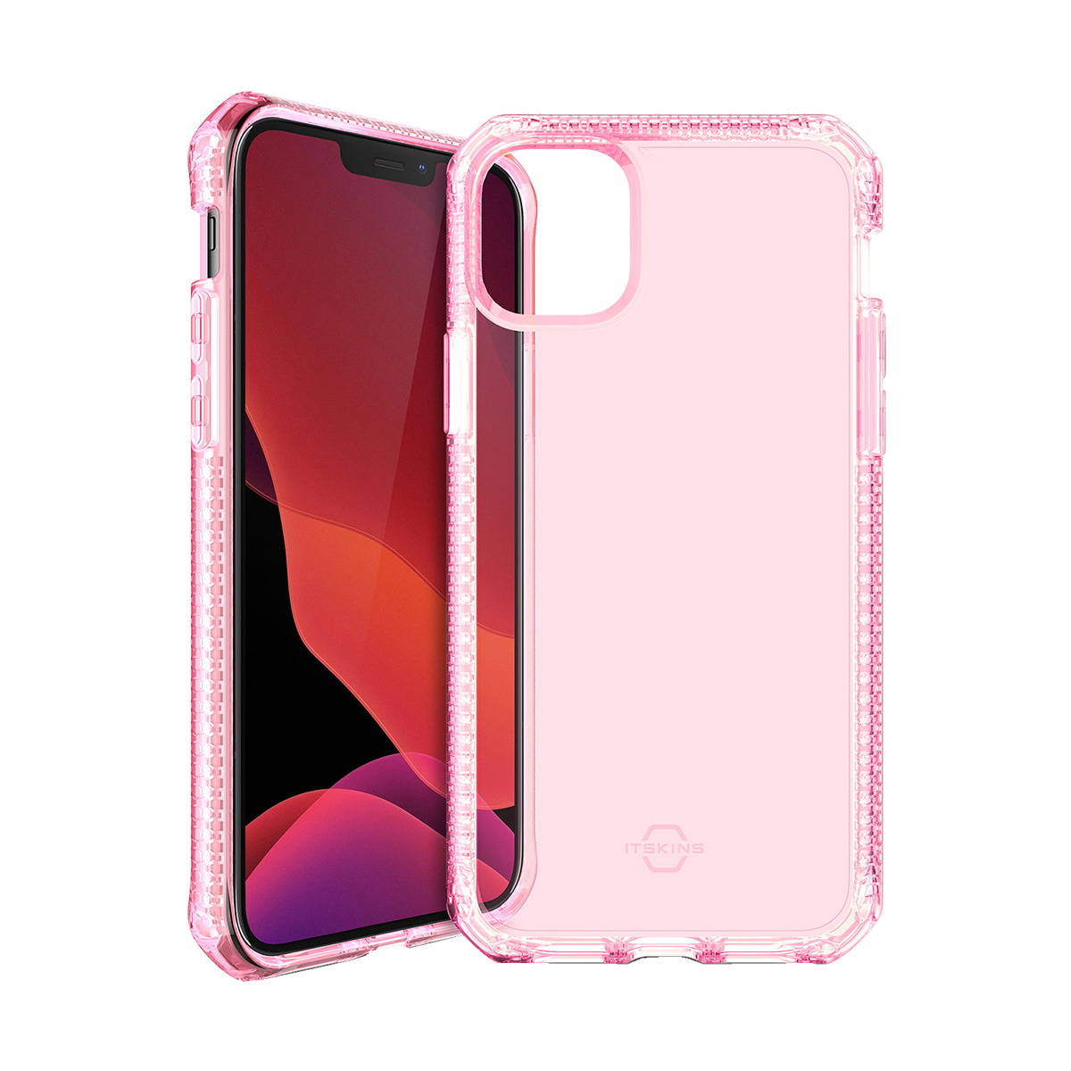 Un iPhone rosa con custodia protettiva trasparente, alla sua sinistra.