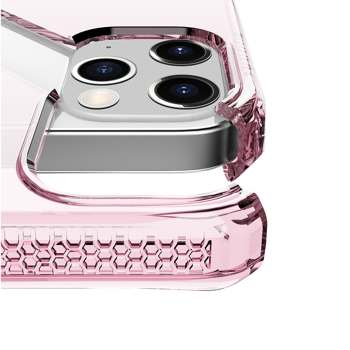 Primo piano di una custodia rosa trasparente per telefono con apertura per fotocamera.