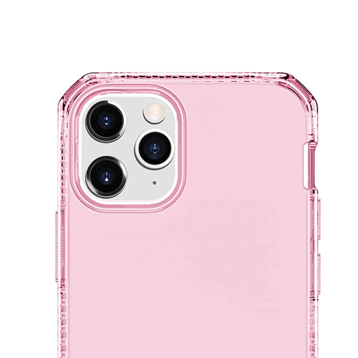 Primo piano di una custodia per telefono rosa con modulo a tripla fotocamera.