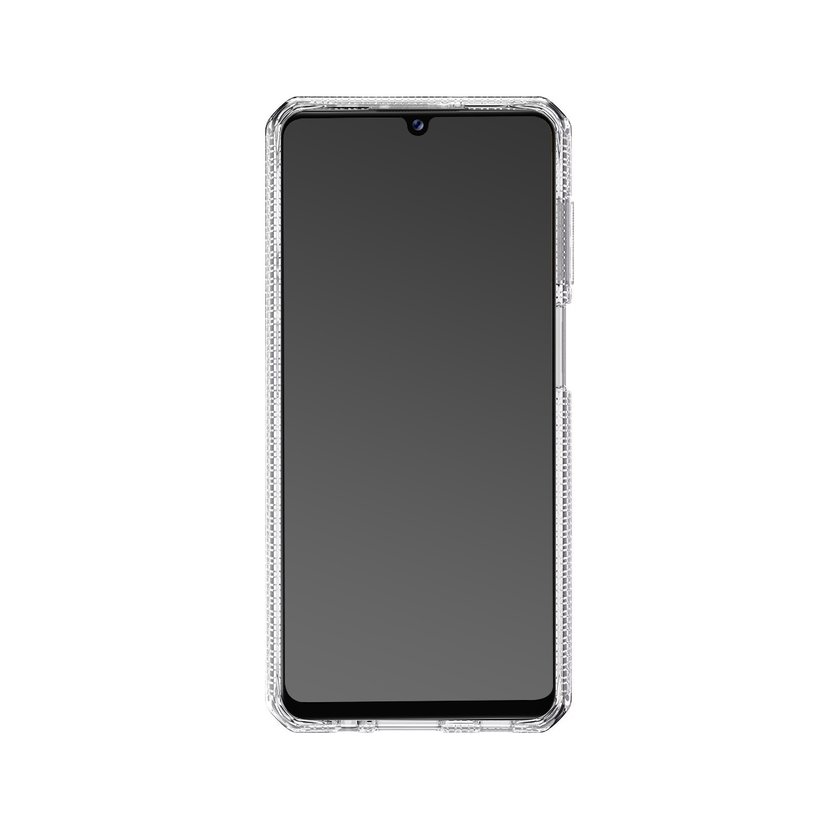 Una custodia trasparente per telefono con schermo scuro e notch in alto.