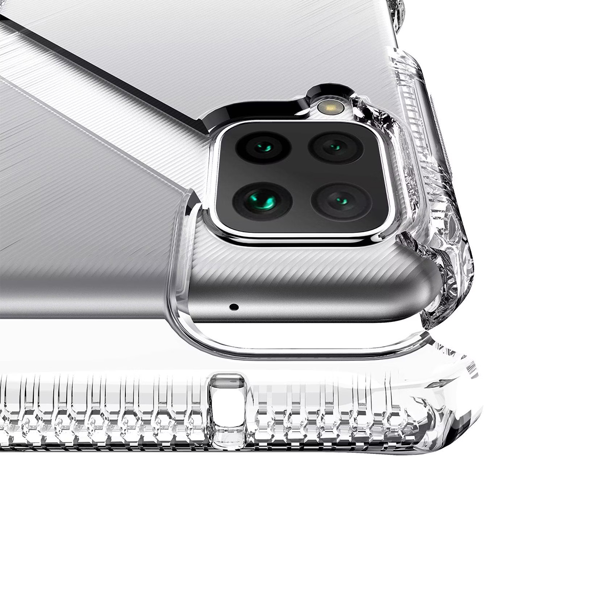 Custodia trasparente per telefono con quad camera e motivo a strisce argentate.
