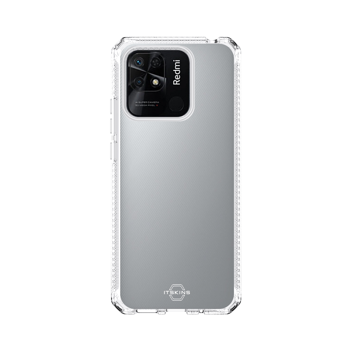 Custodia trasparente per telefono con ritaglio fotocamera e logo.