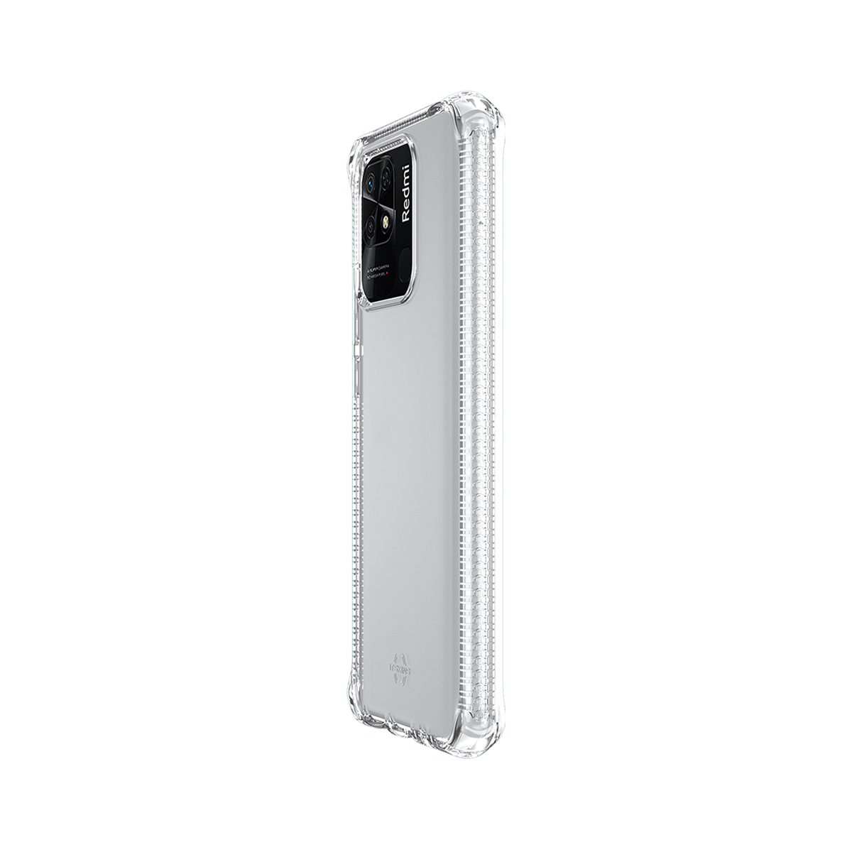 Una custodia trasparente per telefono che mostra un modulo fotocamera e la scritta "Redmi".