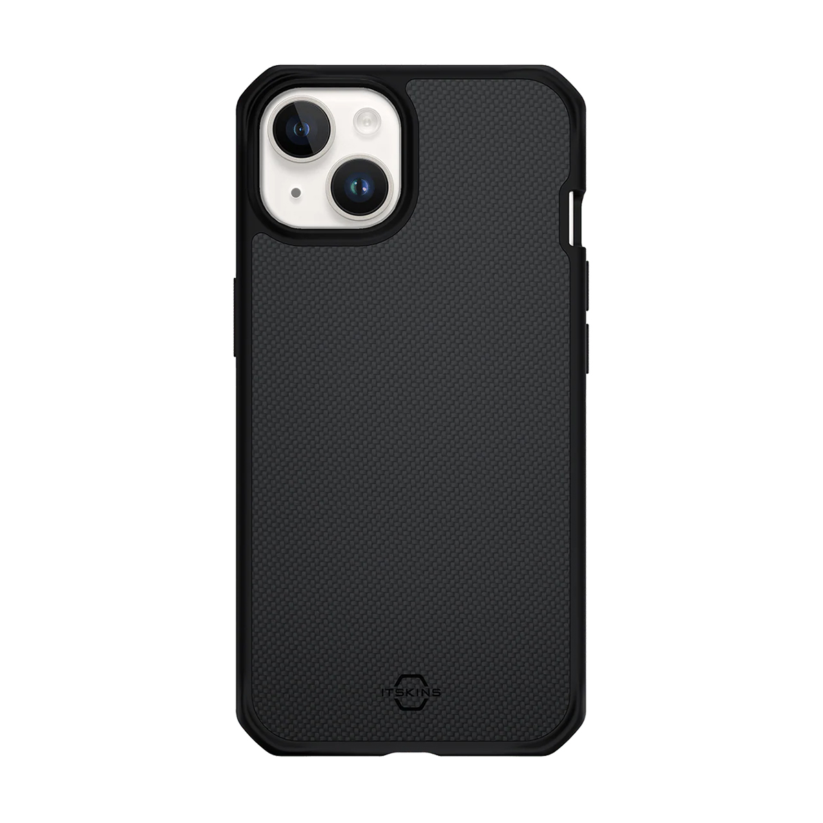 Custodia nera per iPhone con retro testurizzato e due obiettivi in alto.