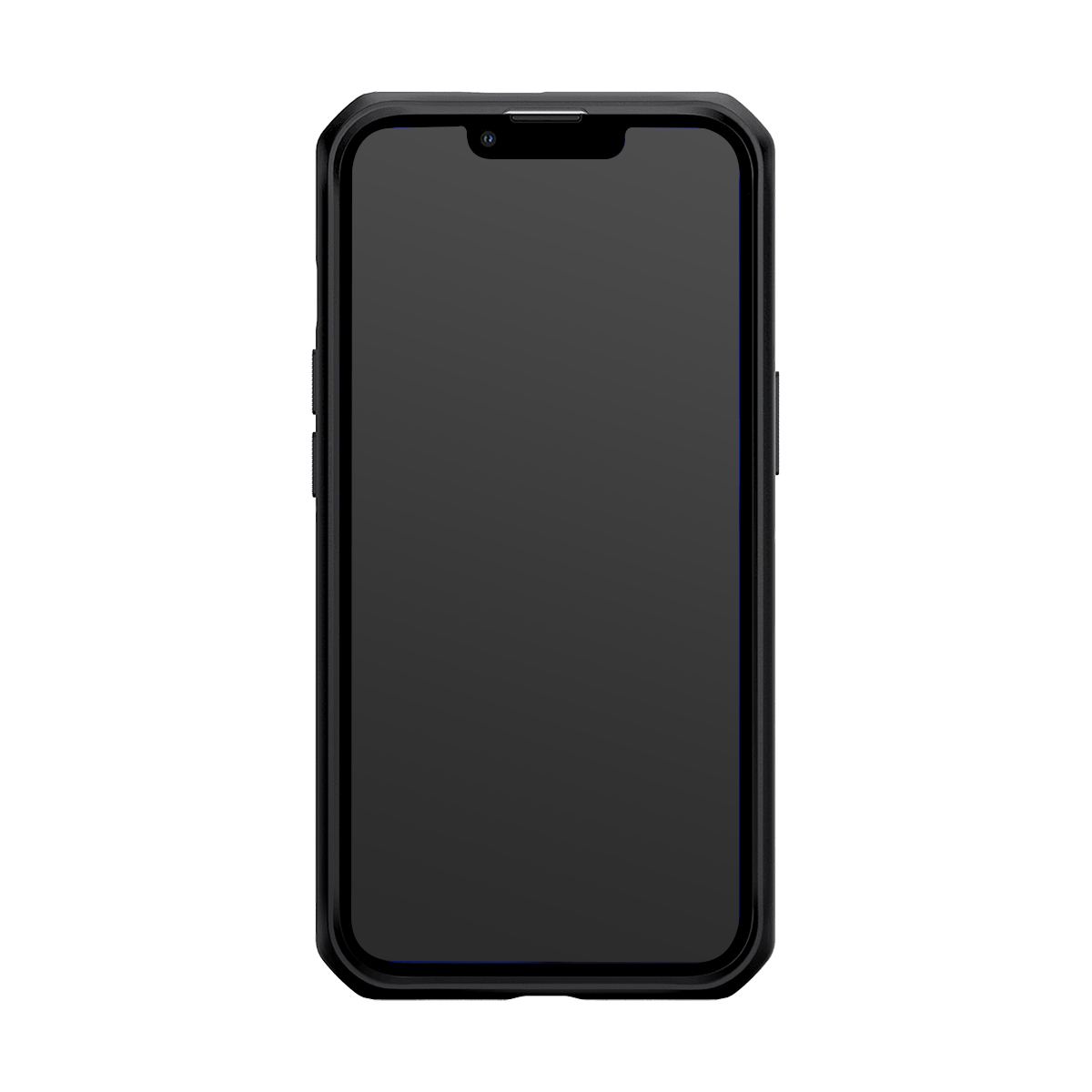Uno smartphone nero con notch e fotocamera frontale su sfondo bianco.