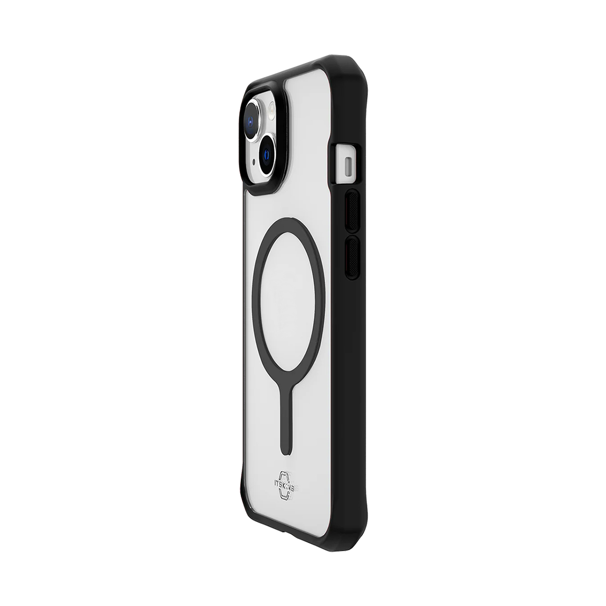 Custodia trasparente per telefono con bordi neri e anello magnetico.