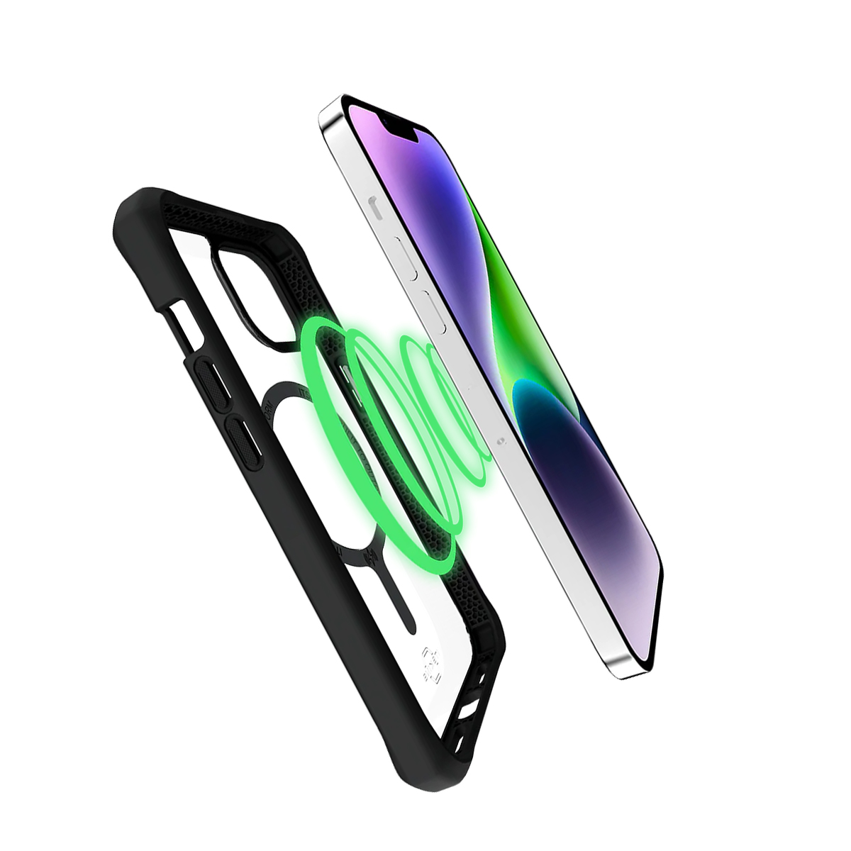 Cover nera e smartphone con anelli verdi tra di loro su sfondo bianco.