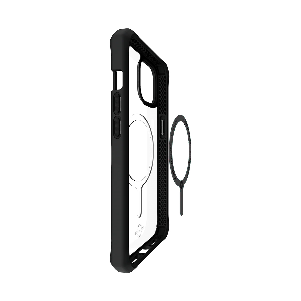 Custodia nera per iPhone con retro trasparente e uno strumento ad anello.