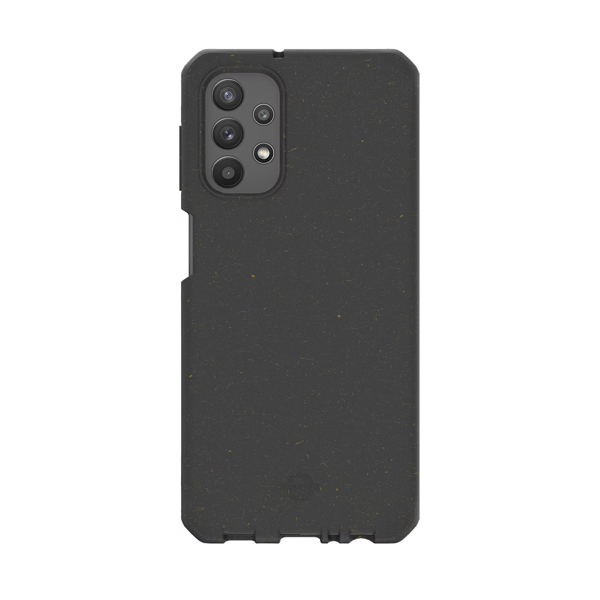 Custodia nera per telefono con configurazione a quattro fotocamere su sfondo bianco.