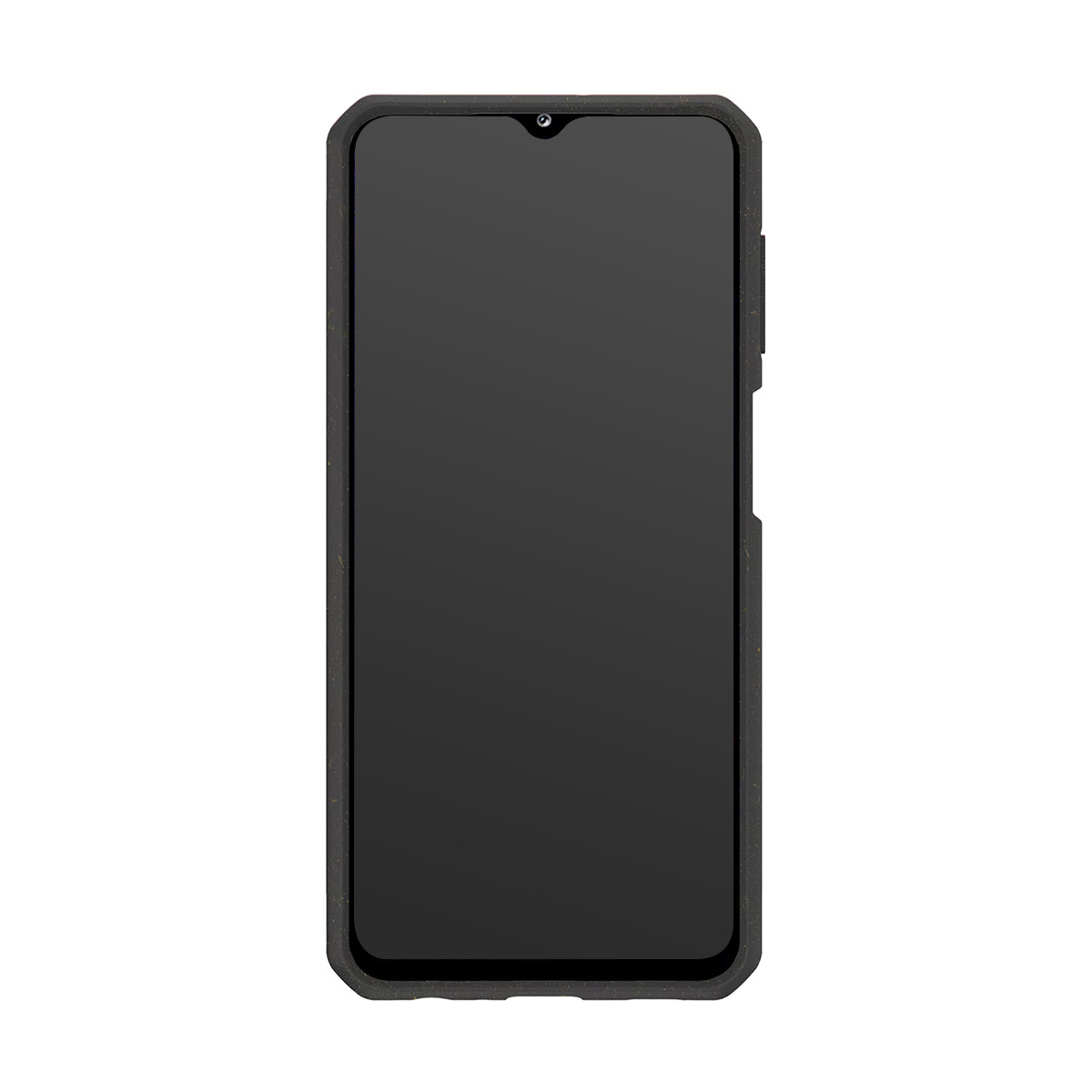 Uno smartphone nero con schermo scuro e una tacca in alto.