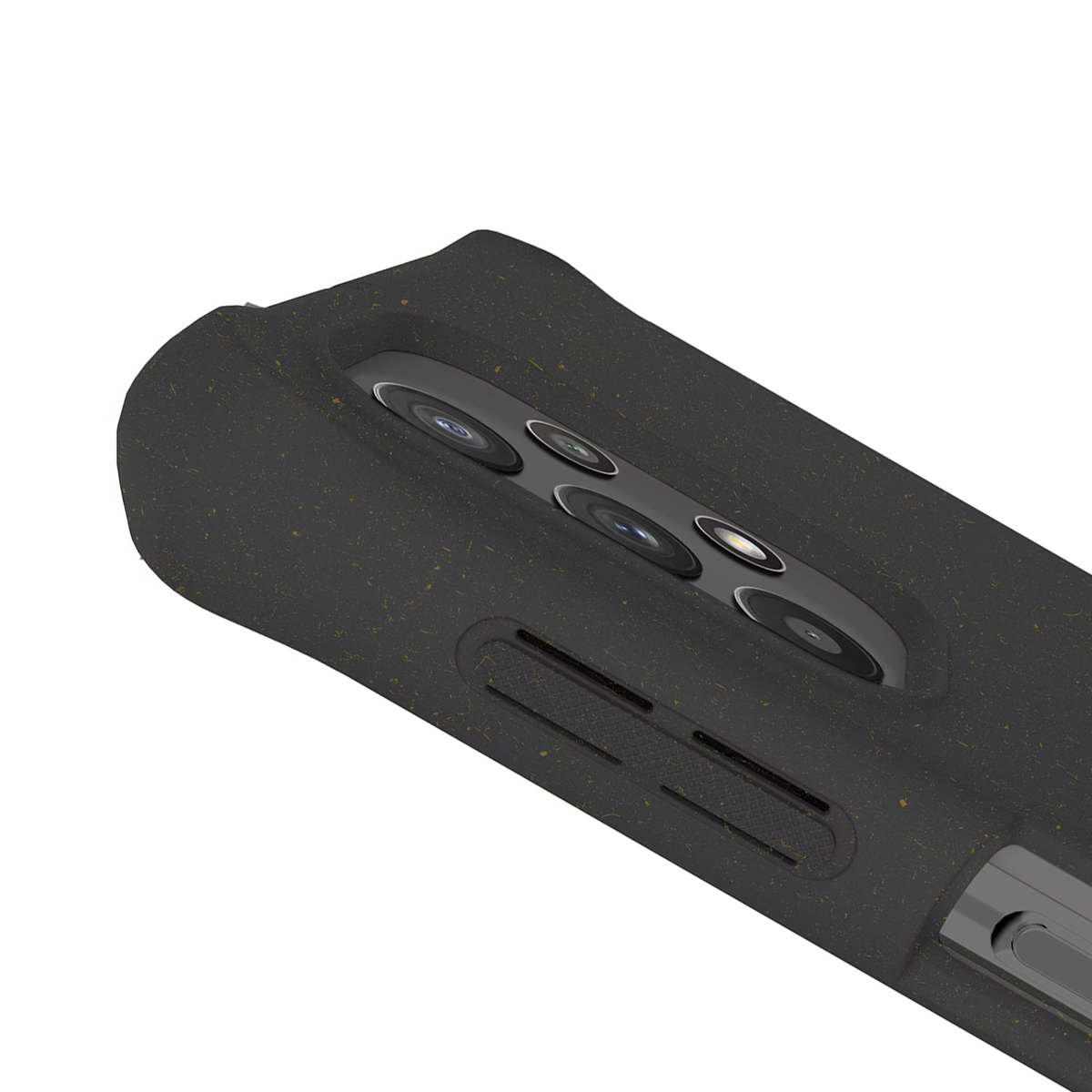 Custodia nera per telefono con modulo fotocamera e pulsanti visibili.