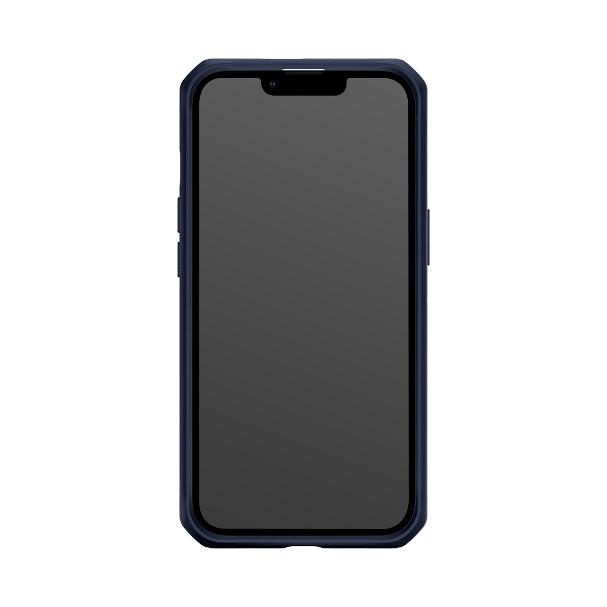 Smartphone blu scuro con schermo nero e fotocamera frontale.