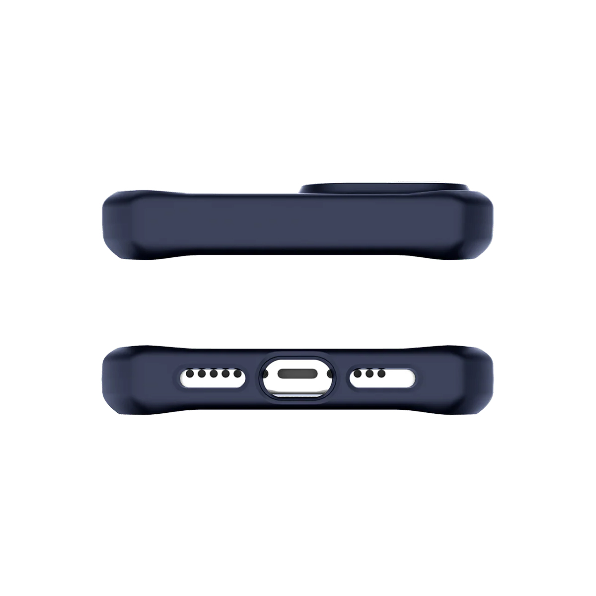 Custodia blu scuro per telefono vista frontalmente e dal basso, con porta di ricarica.