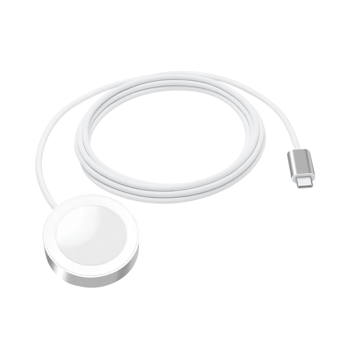 Cavo di ricarica bianco con connettore USB-C e base di ricarica magnetica.