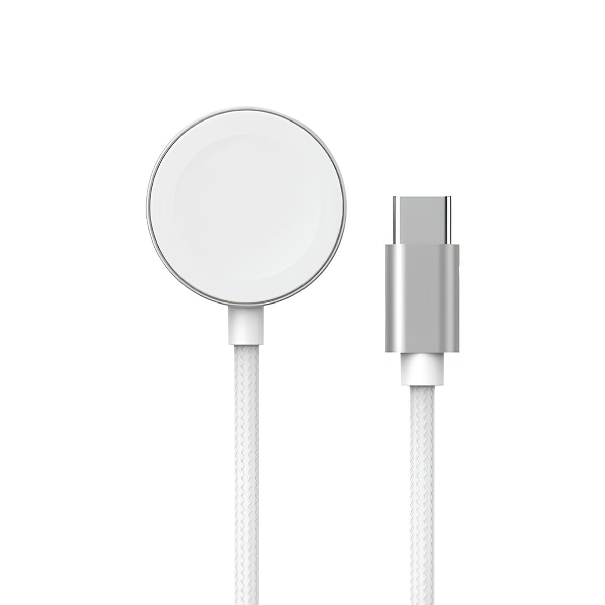 Cavo di ricarica bianco con connettore magnetico rotondo e spina USB-C.