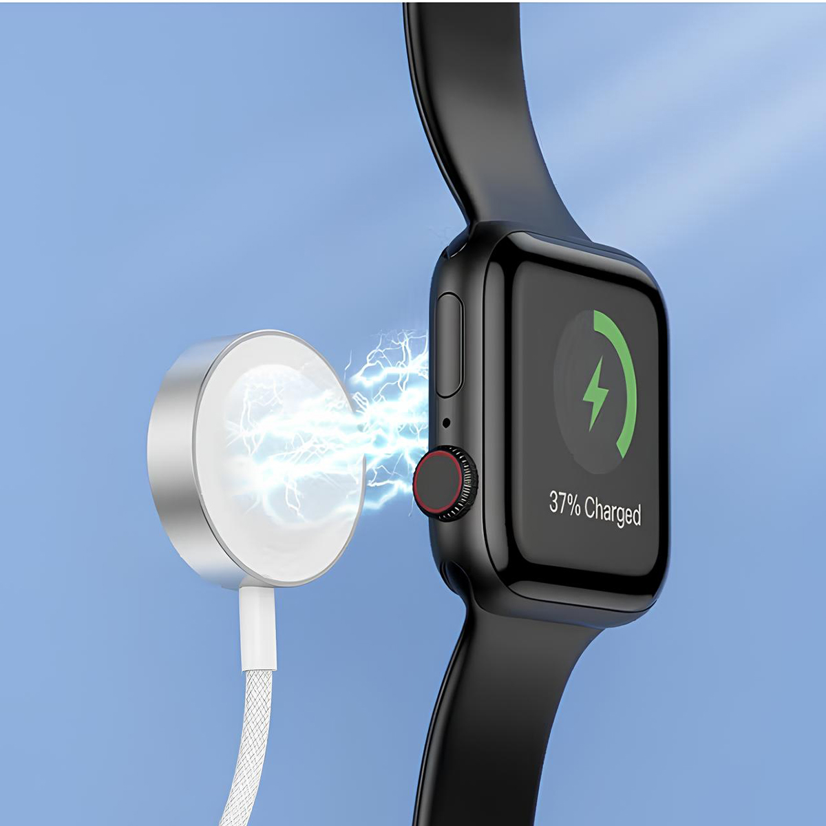 Smartwatch nera in carica con caricatore magnetico. 37% carico.