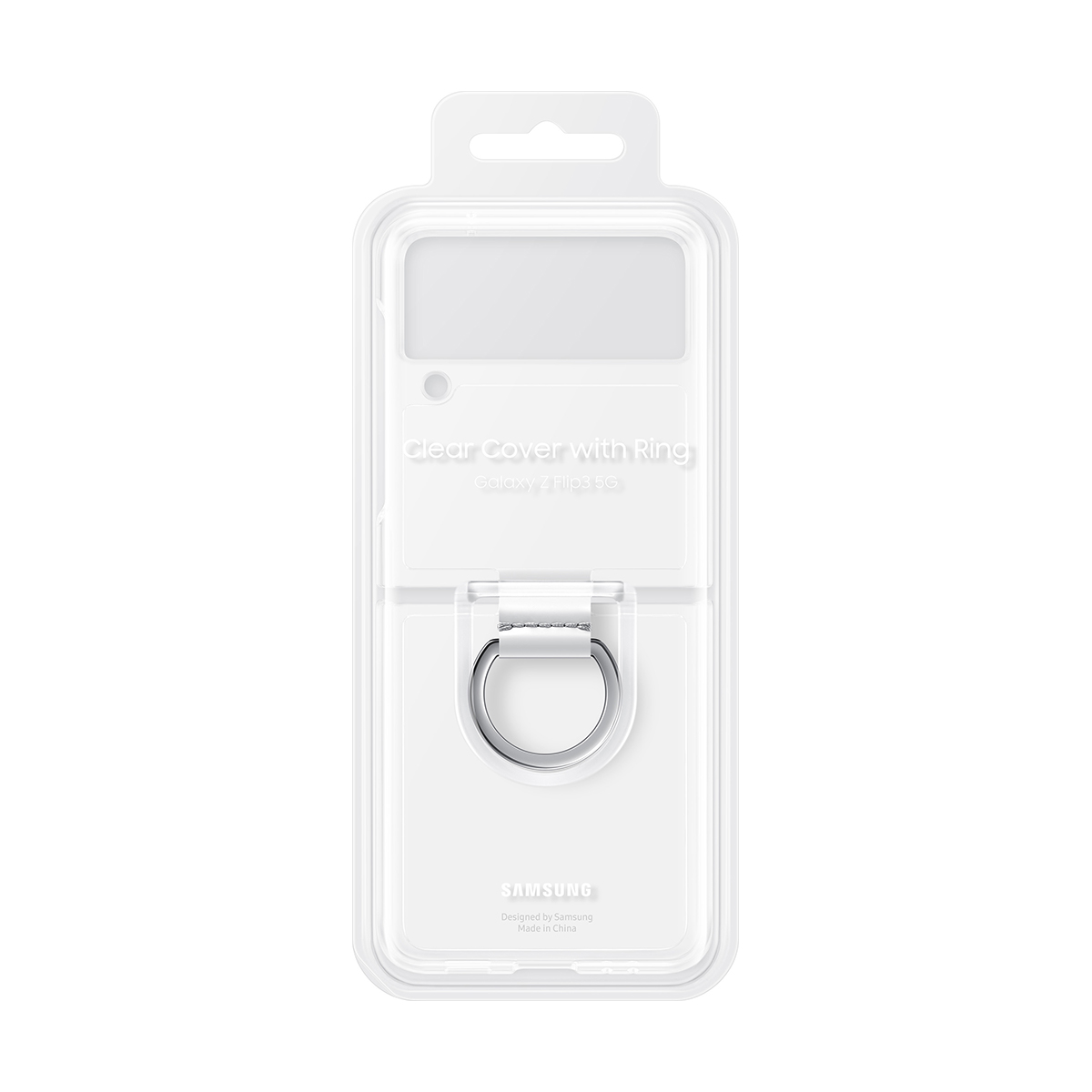 Funda transparente con anillo para Galaxy Z Flip3 5G en embalaje.